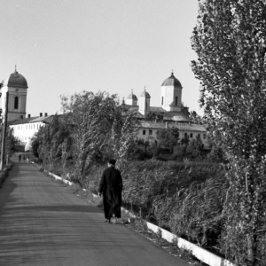 View from the dam at the lake road to the monastery district, Cernica, Romania, 1969.   